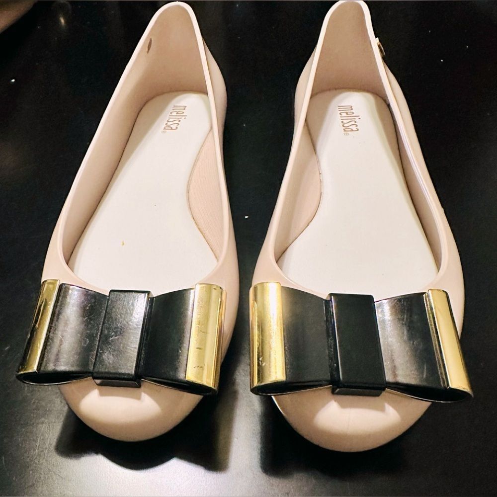 Melissa Brazil Ultragirl Fairycore Beige Black & Gold Bow Jelly Ballet Flats 8